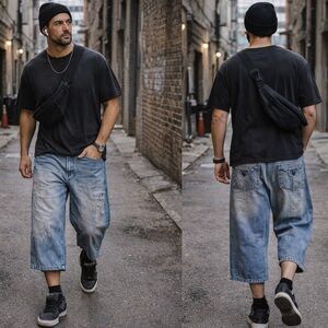 Y2K Miskeen Originals Mens 40 Wide Leg Crop Denim Capr Jeans Streetwear Distress